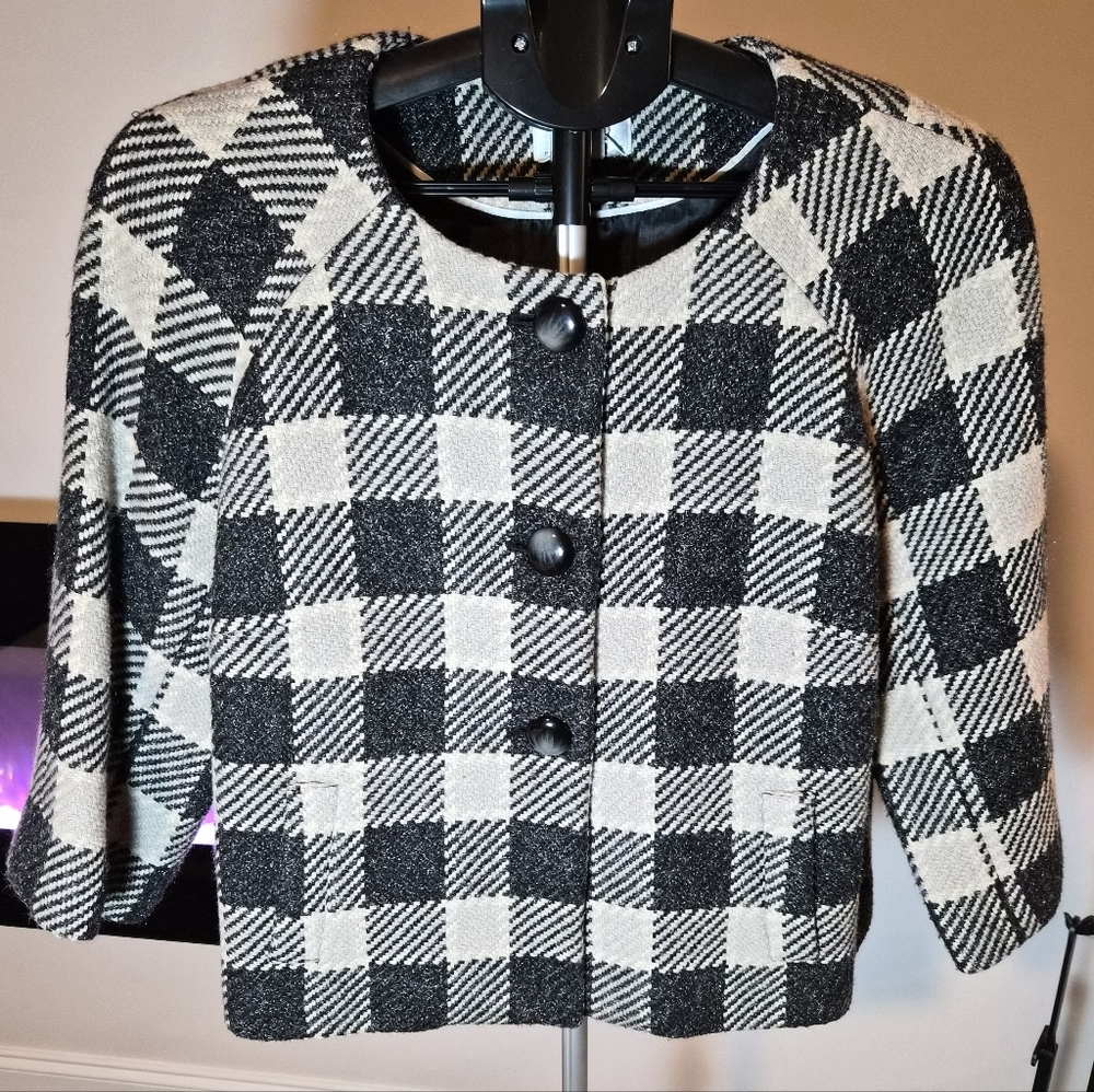 Talbots Italian Fabric Black & White Checkered Plaid Jacket - Size 14P